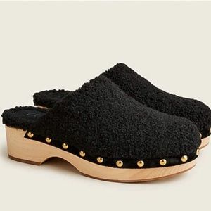 J Crew Faux Fur Sherpa Black Wooden Clogs Shoes Women